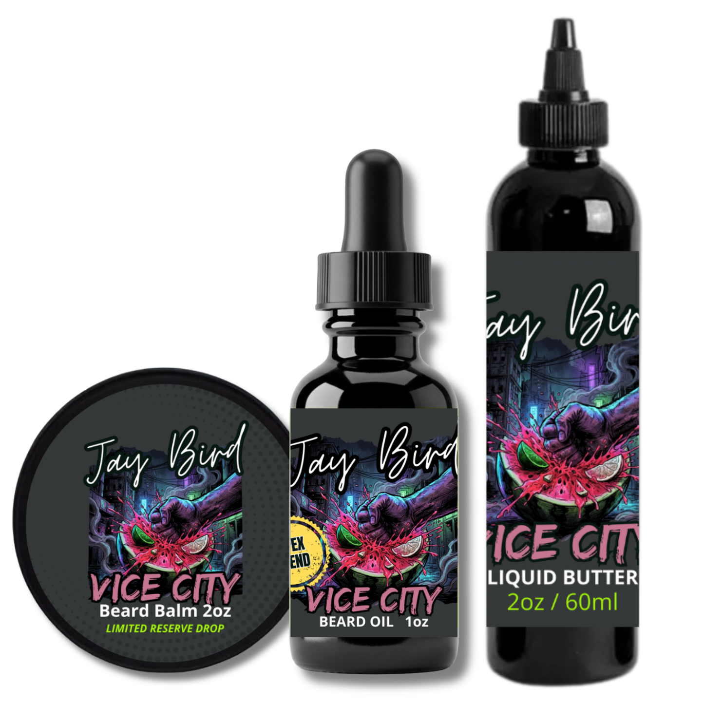 Vice City Oil, Balm, and Butter (Limited Reserve) | Neon Watermelon • Bitter White Grapefruit • Smoked Cologne & Dark Woods
